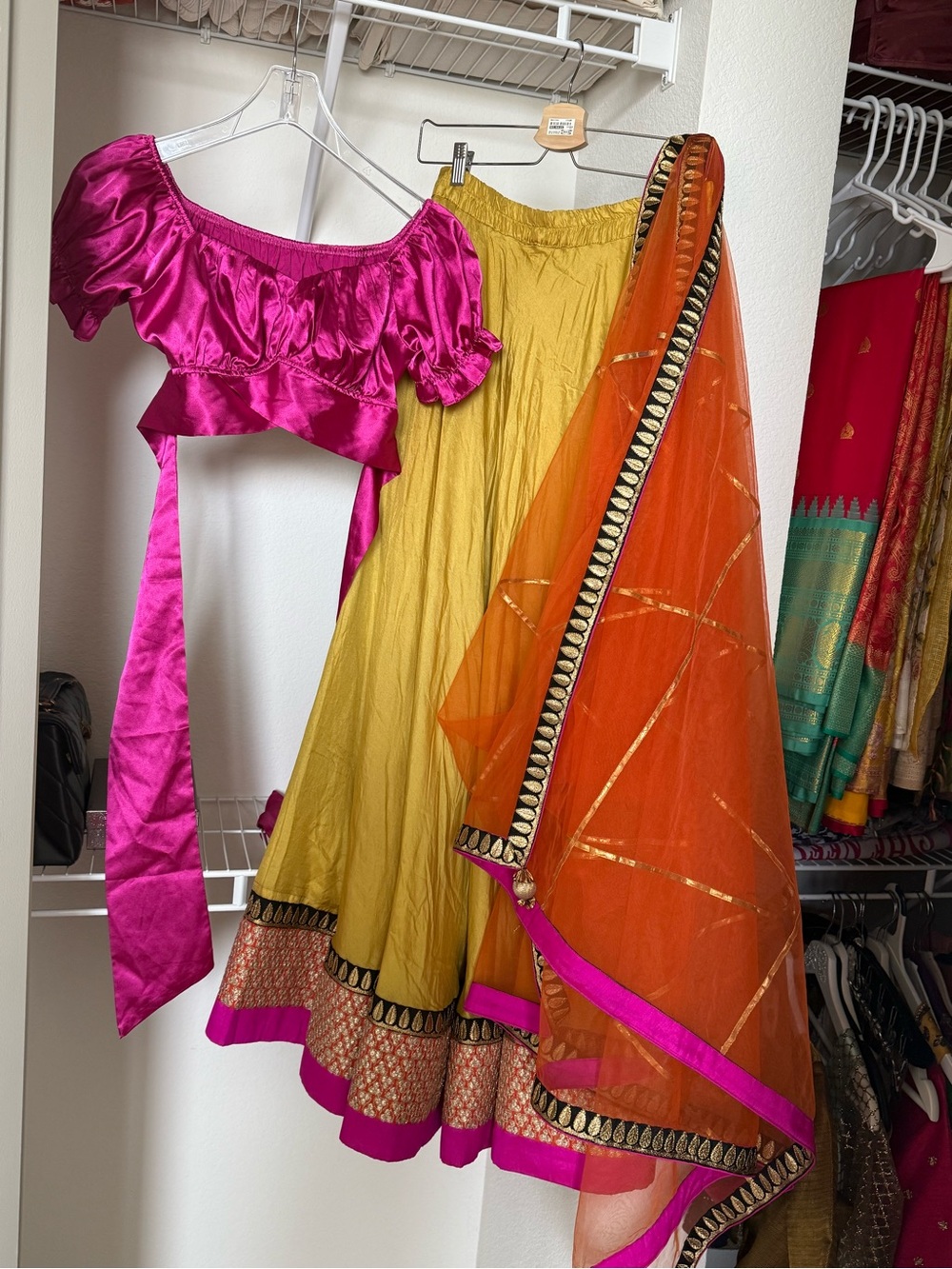 Vibrant Pink Crop Blouse with Mustard Lehenga and Orange Dupatta Lehengas Formal